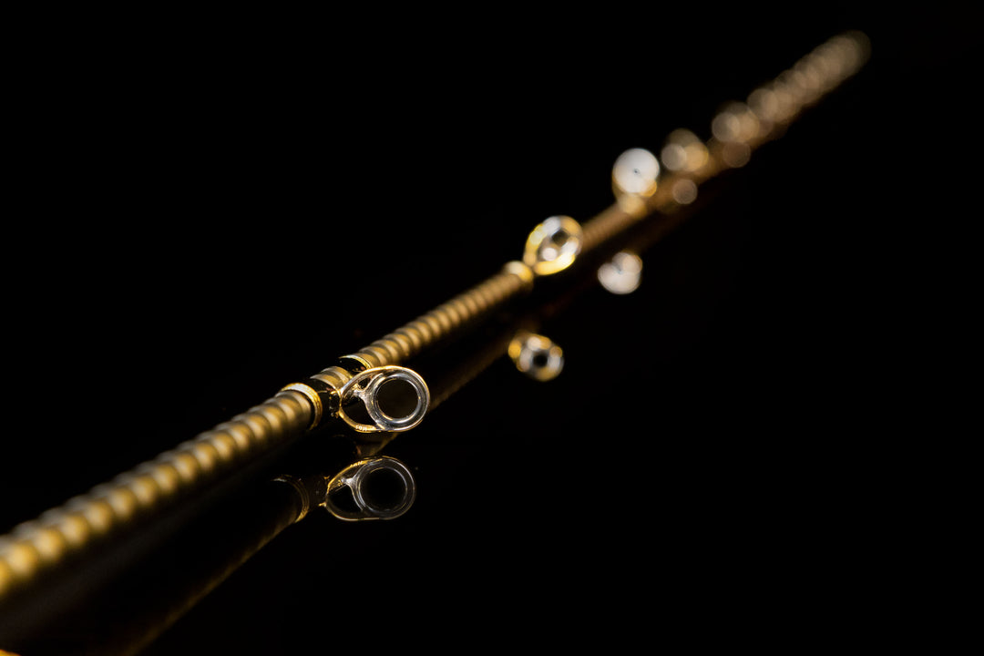 Close-up of Fuji Titanium SiC guides on Fishlogica Acid Parabol FAP-690H T1100G blank