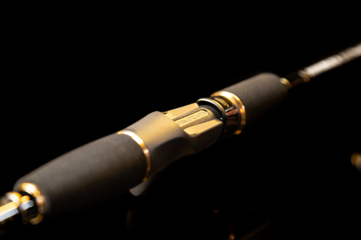 Detail of reel seat locking nut on the premium Fishlogica FAP-690ML slow pitch rod