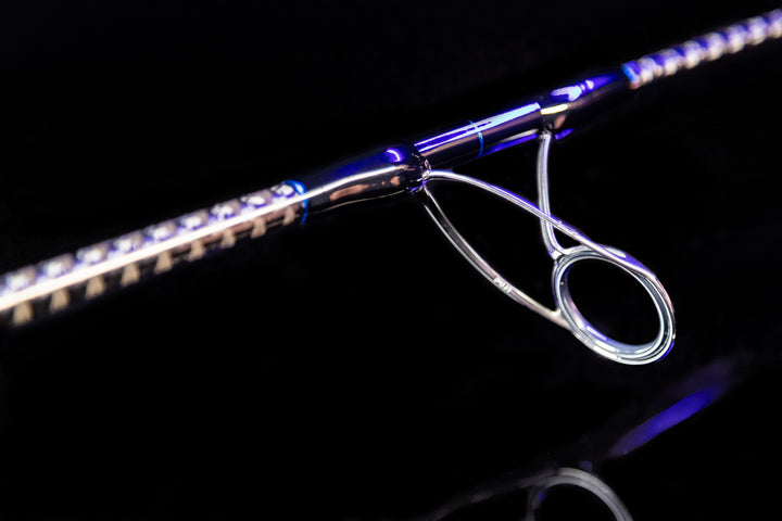 Close-up of Fuji Polished Stainless Slim SiC guide on the Atlas FAS-535H blank