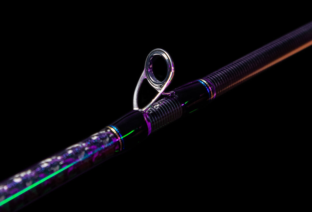 Stripper guide detail with purple wrap on the Fishlogica Icon FIC-735ML long-cast rod