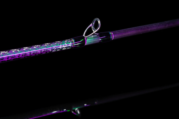 Purple and green thread wrap detail on the Fishlogica Icon FIC-735ML baitcaster blank