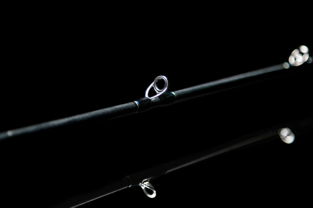 Close-up of Fuji SiC guides along the sensitive Toray carbon blank of the FIC-735ML Barramundi rod