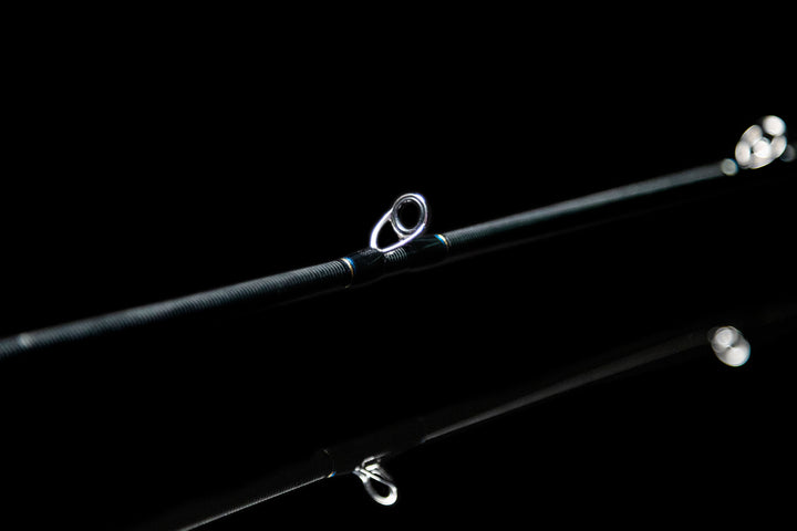 Close-up of Fuji SiC guides along the sensitive Toray carbon blank of the FIC-735ML Barramundi rod