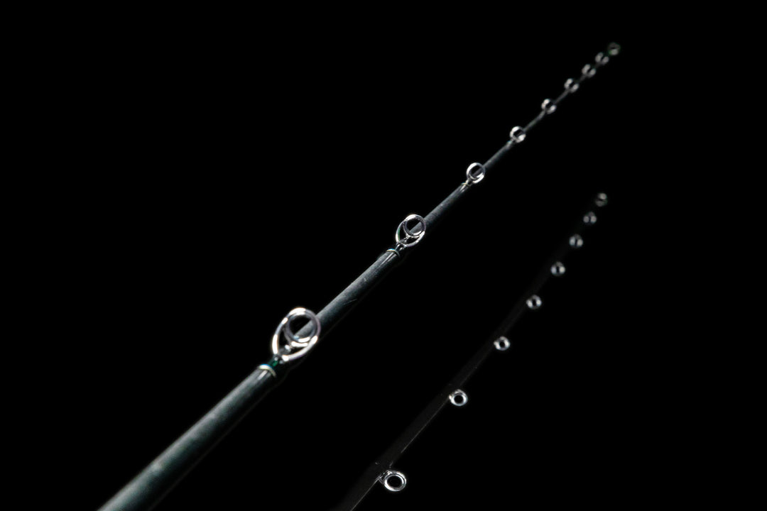 Close-up of Fuji SiC guides showing alignment on the Fishlogica Icon FIC-735ML blank