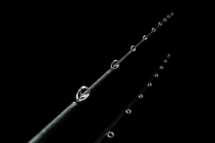Close-up of Fuji SiC guides showing alignment on the Fishlogica Icon FIC-735ML blank