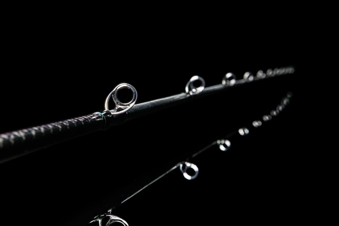 Close-up of Fuji SiC guides on Fishlogica Icon FIC-735ML casting rod tip section