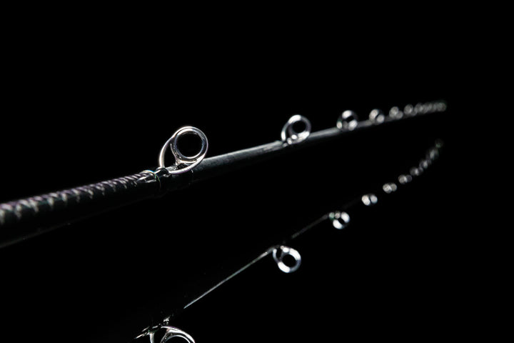Close-up of Fuji SiC guides on Fishlogica Icon FIC-735ML casting rod tip section