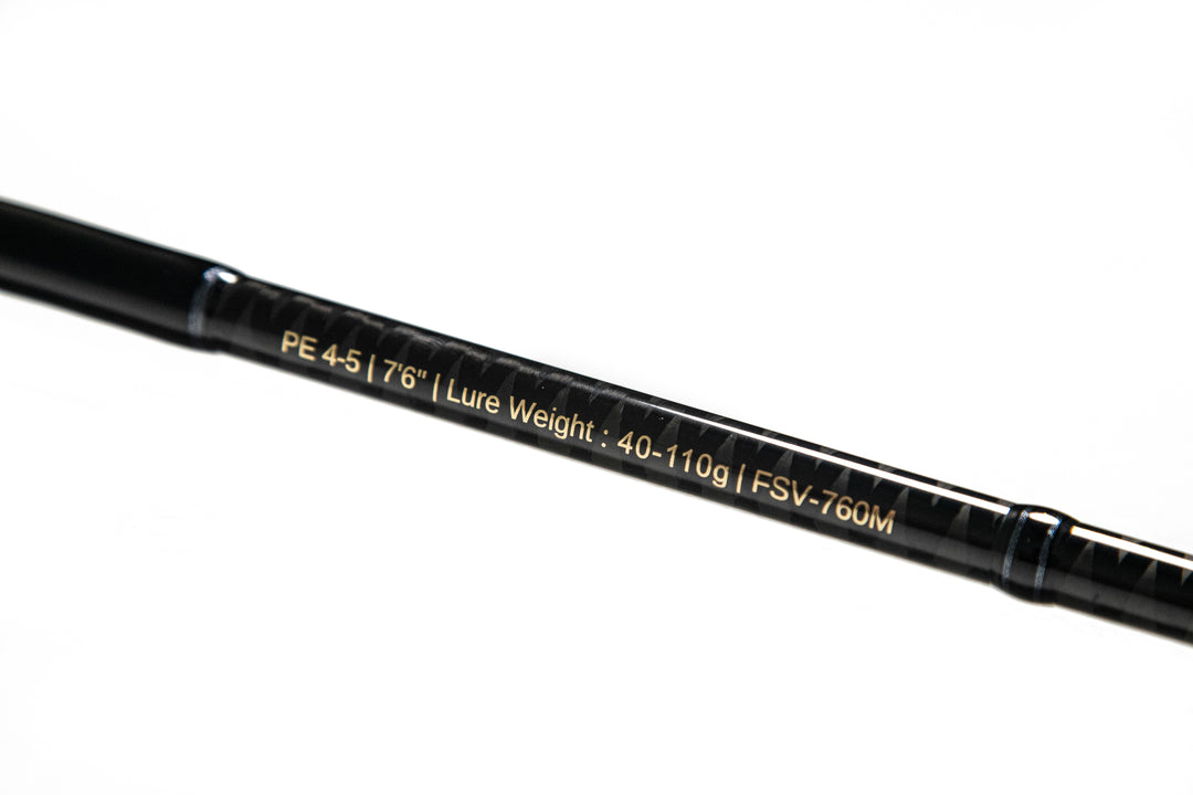 Fishlogica Sirius Virtue FSV-760M rod specs (PE4-5, 7ft6in, 40-110g) printed on blank