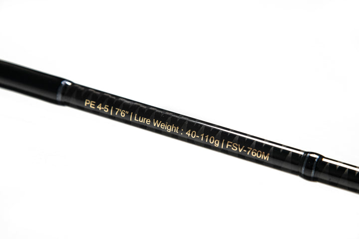 Fishlogica Sirius Virtue FSV-760M rod specs (PE4-5, 7ft6in, 40-110g) printed on blank